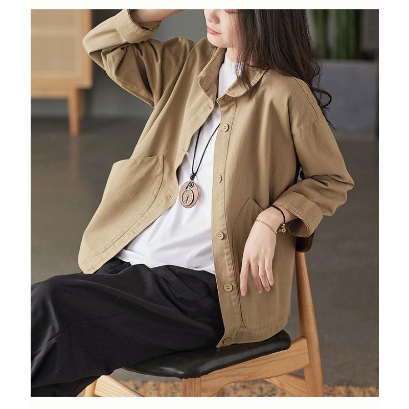 Сезон Искусство Ретро Простой Твил Твердый Карман Однобортный Свободный Повседневный Женская Рубашка Пальто Весна Осень