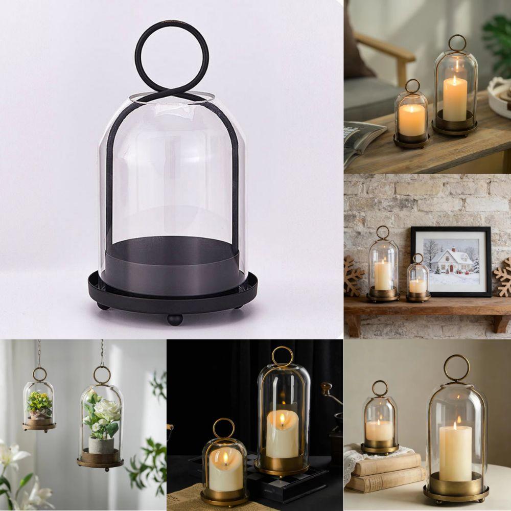 Glass Dome Metal Candle Holder Set Vintage Brass Pillar Candle Stand Tabletop Decor
