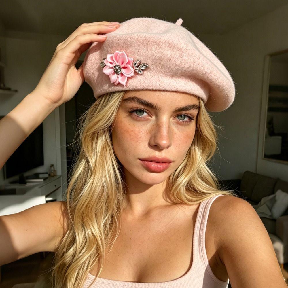 Soft Wool French Style Cap Crystal Embellishment Painter Beret Hat Multi-Color Beret For Women