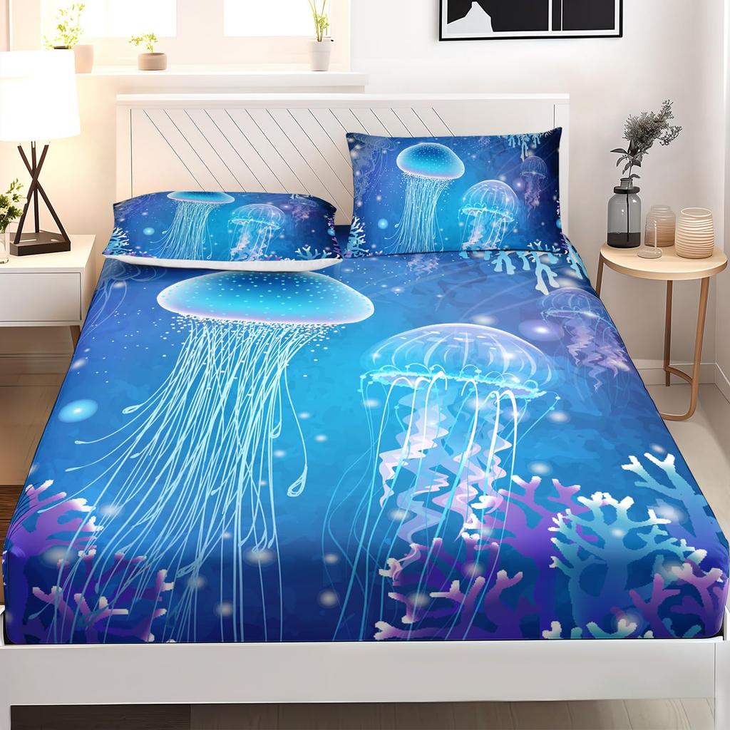 Marine Life Pattern Sheet Three-Piece Digital Printed Sheet Bedding Set Adult Children