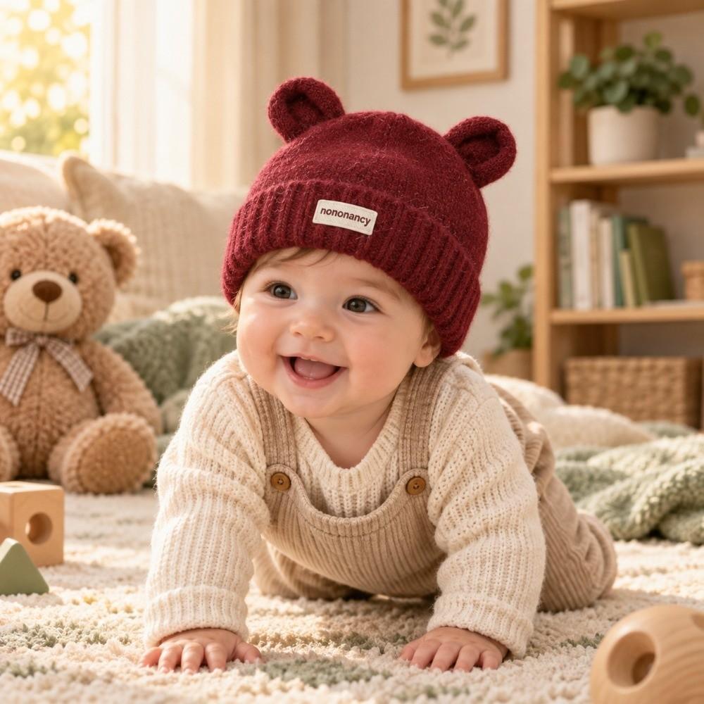 Solid Color Bear Ear Baby Hat Warm Cartoon Baby Cap New Infant Knit Beanie Winter