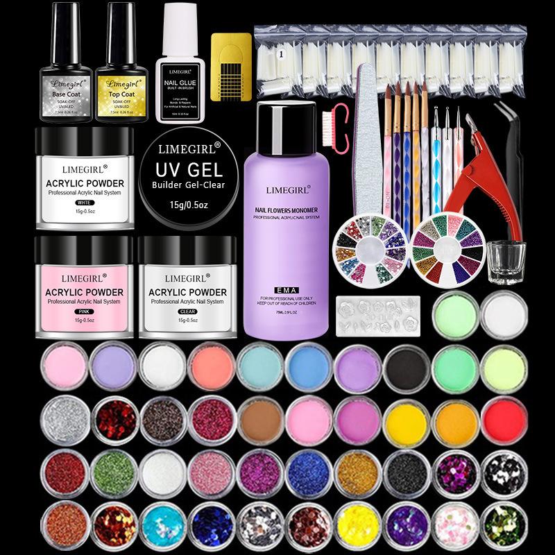 Crystal Nail Powder Kit Full Set with Nail Lamp, Buffer Drill, Glitter, Rhinestone Decorations, Professional Home DIY Manicure Extension Tools