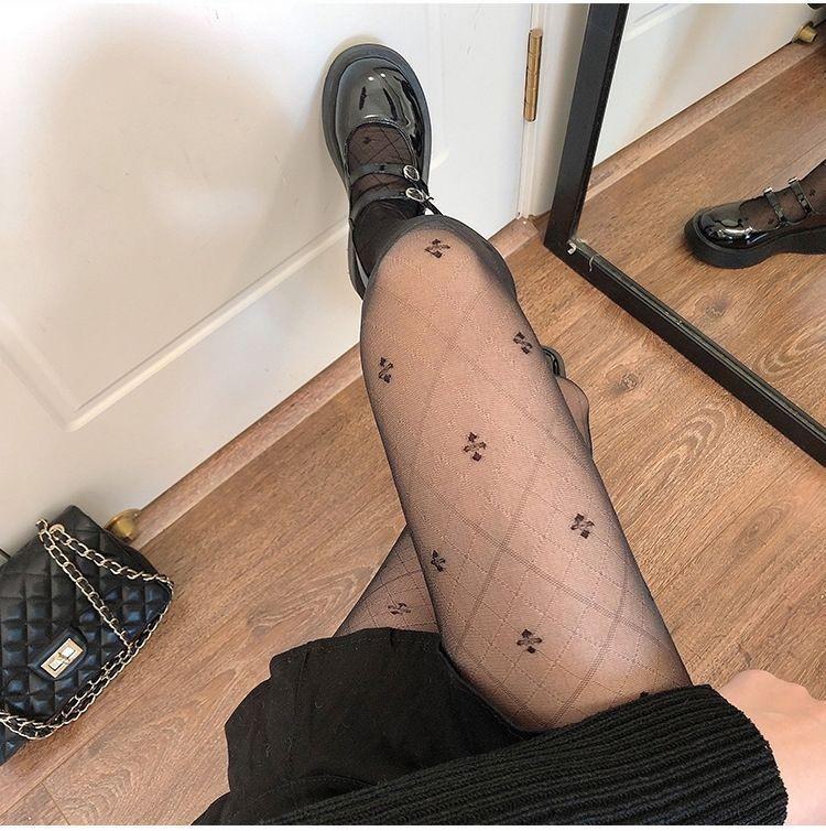 Черные жаккардовые чулки с четырехлистным клевером - женские летние прозрачные сексуальные колготки с ромбовидным узором