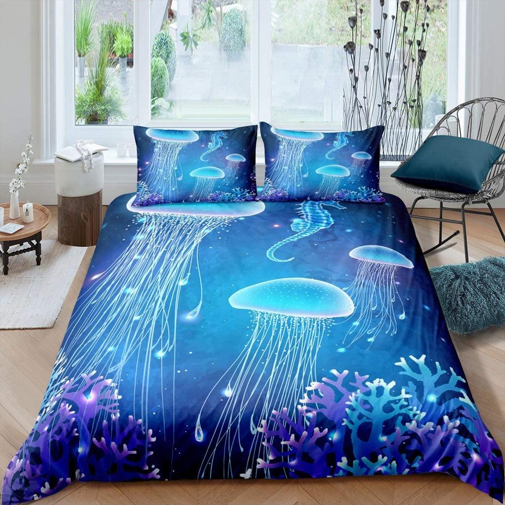 Jellyfish Bedding Set Queen,Ocean Nautical Comforter Cover for Kids Boys Girls,Hawaii Beach Duvet Cover Teens Cute Sea Animal