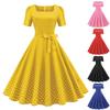 Womens Short Sleeve Polka Dot Printed Square Neck Slim Fit Dress Summer Beach Bowknot Belt Swing Party Gown