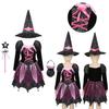 Kids Girls Halloween Witch Costume Sparkly Silver Stars Printed Carnival Cosplay Dress With Pointed Hat Wand Dress Up Clothes