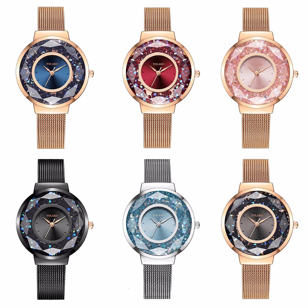 Женские кварцевые наручные часы с сетчатым ремешком из нержавеющей стали с движущимися бриллиантами Роскошные женские часы Наручные часы YOLAKO Женские подарочные часы