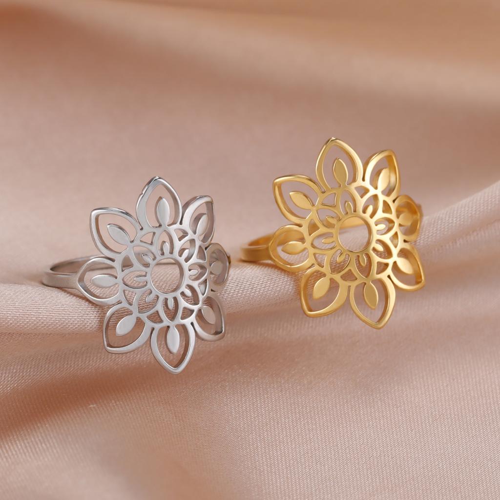 Large Filigree Lotus Flower Ring Women Stainless Steel Gold Aesthetic Bohemian Ring Wedding Engagement Jewelry Gift