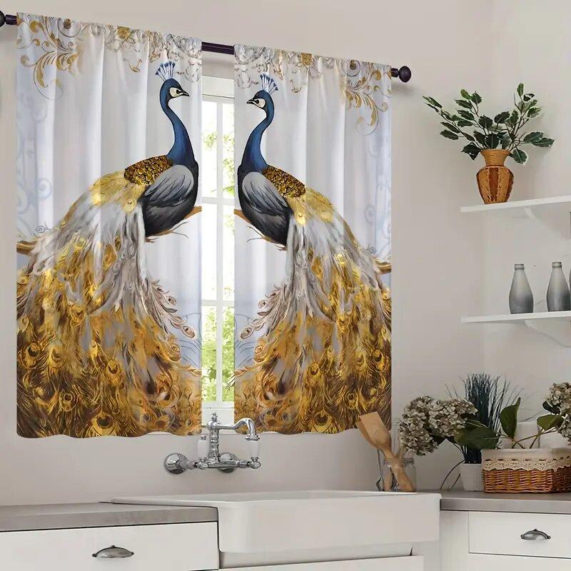 2 Pieces Of Golden Peacock Printed Curtains, Pole Bag Curtains, Home Decoration, Room Decoration