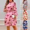 Piled Collar Long Sleeve Elastic Waist High-Waist Mini Dress Flower Print Ruffle Stitching Hem Summer Dress Female Clothes
