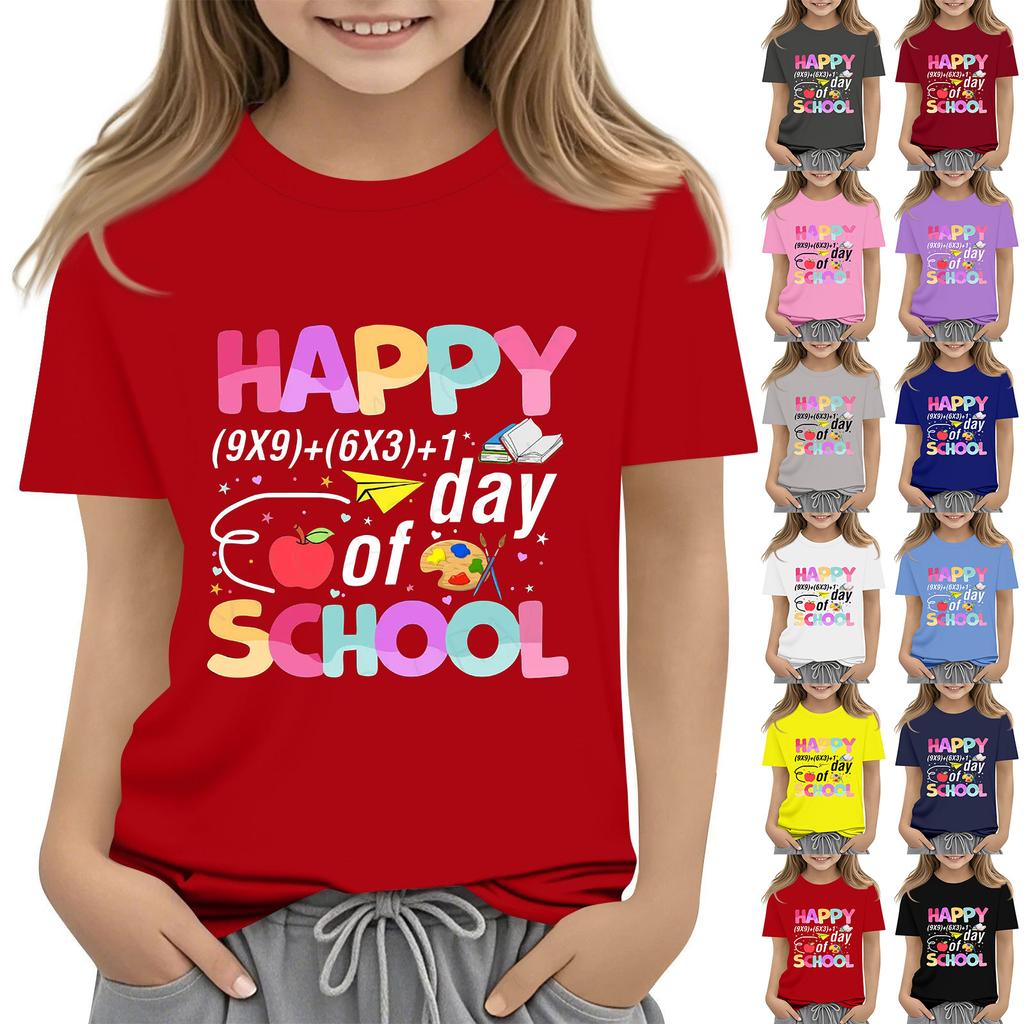 Kids Fashion Casual Short Sleeve 100 Day School Anniversary Printed Round Neck T-Shirt Top