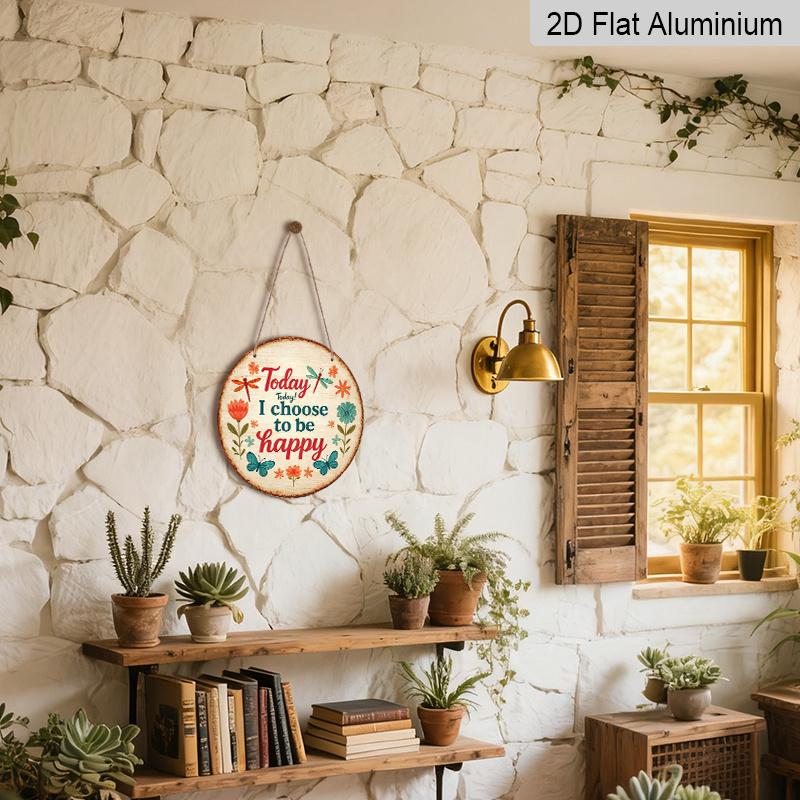 2D Flat, 1pc Round Aluminum Hanging Sign, "Today I Choose to Be Happy" Floral Butterfly Metal Wall Art, Vintage Inspirational Quote Decor, Perfect