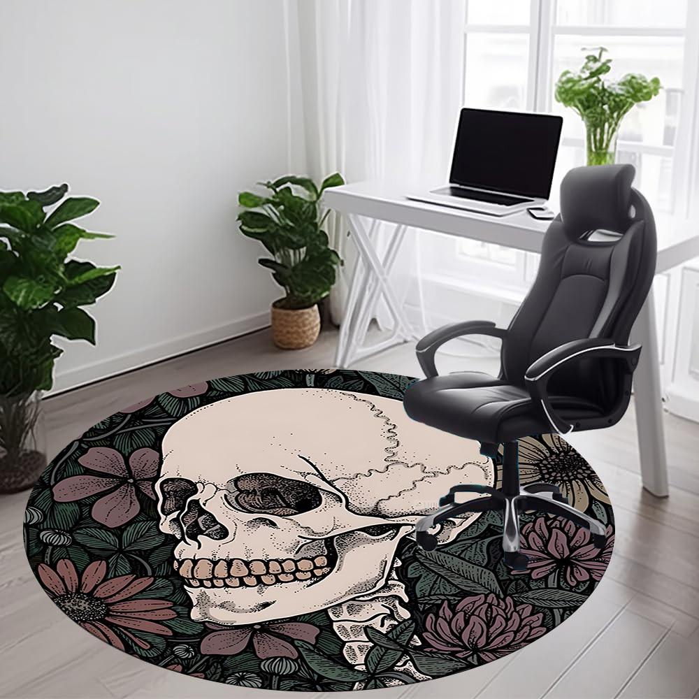 1PC Skull Flowers Office Round Area Rug, Indoor Mat Suitable For Office, Under Office Chairs Bedroom Living Room Home Decor, Room Decos003