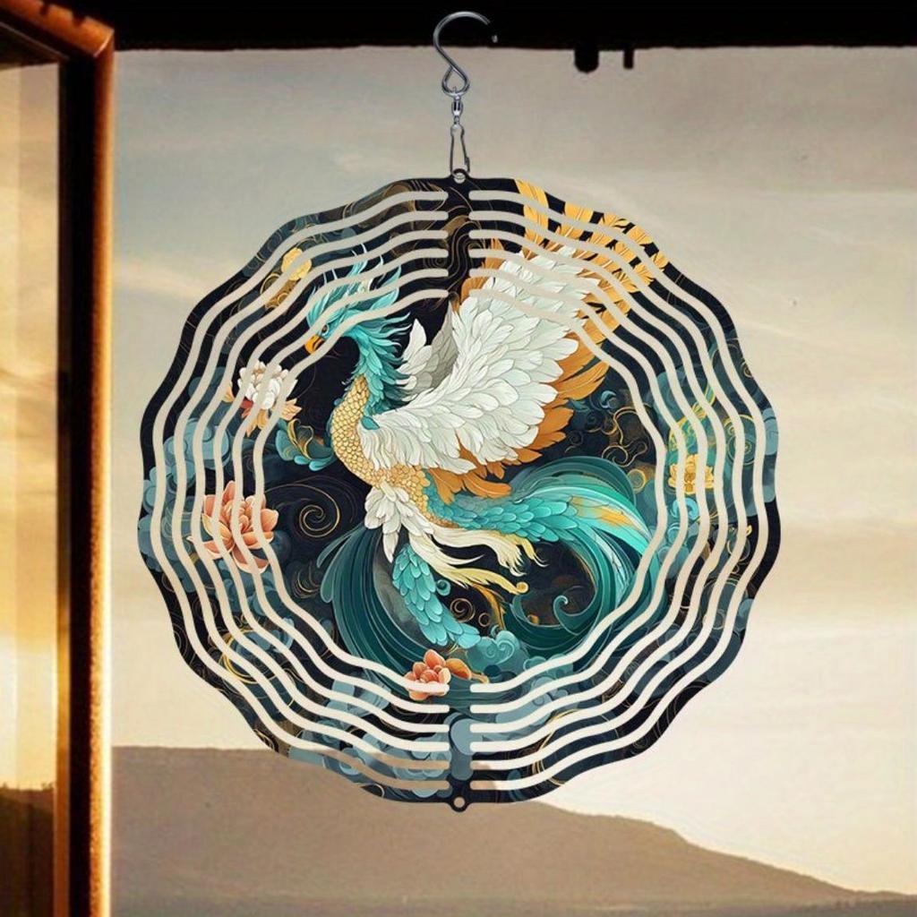 White Green Phoenix Wind Chime Outdoor Garden Patio Decor Weatherproof 3D Art with 360 Rotating Hook Holiday Christmas Gift