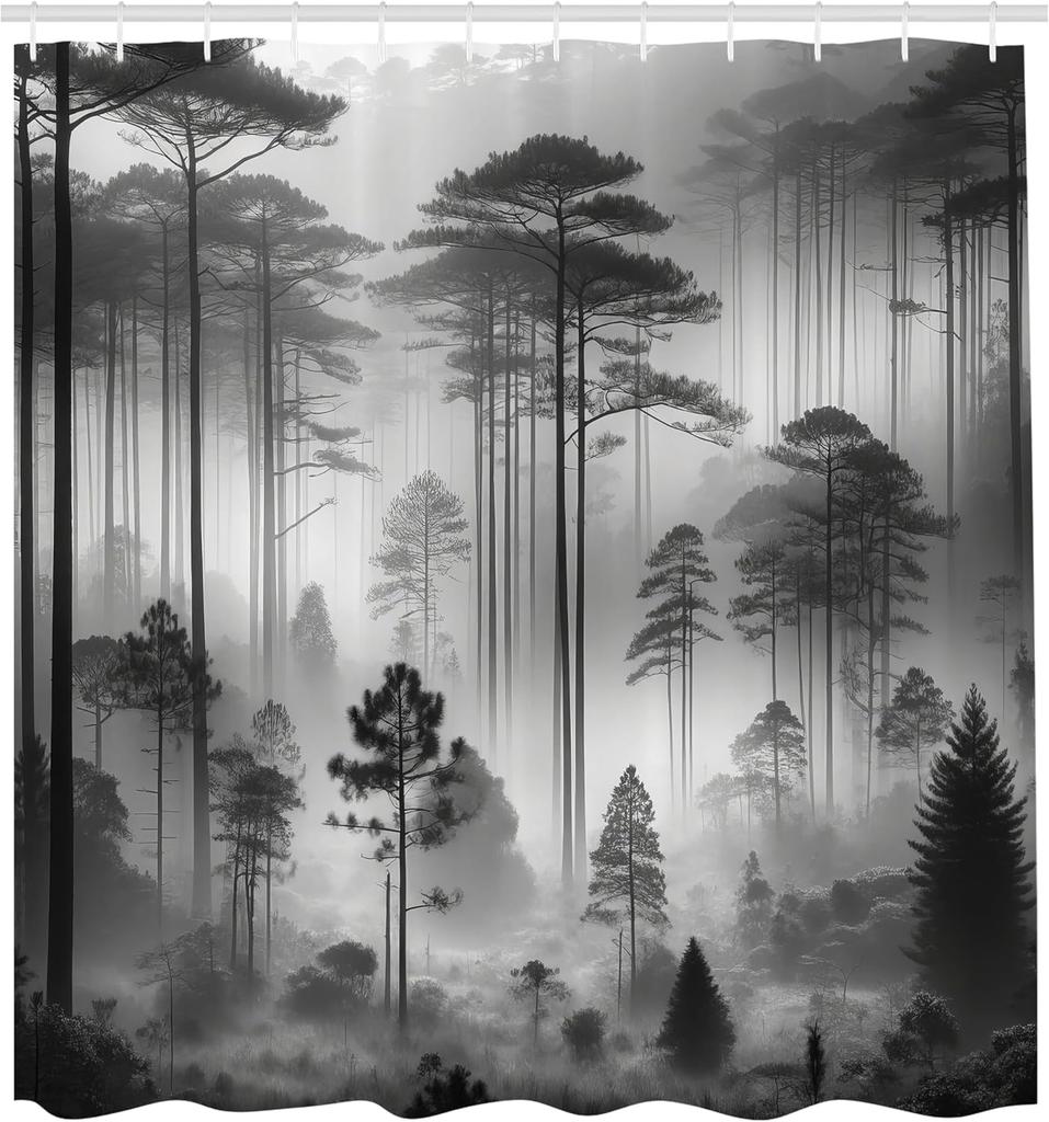 Черно-белая шторка для душа Туманные высокие деревья Лесной природный ландшафт Тканевая декорация для ванной комнаты Шторка для душа с крючком