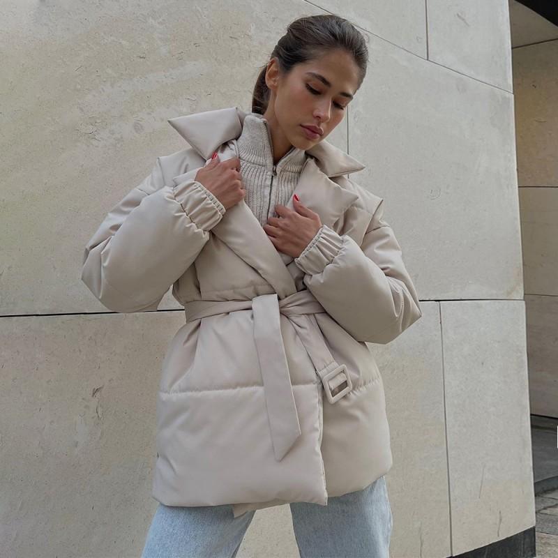 Женское утепленное хлопковое пальто средней длины на зиму с отложным воротником, приталенное, однотонное