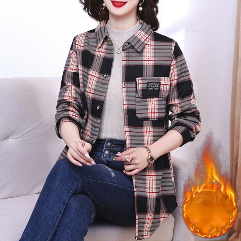 Шикарная женская рубашка с длинным рукавом в клетку — уютная утолщенная ткань, воротник-поло, идеально подходит для осеннего и зимнего гардероба