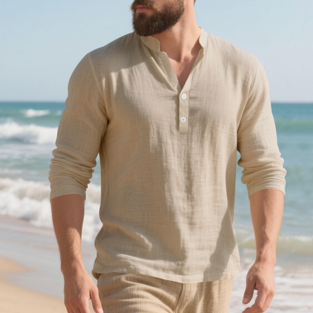 Мужская льняная футболка с длинным рукавом - Свободный крой, воротник-стойка, пуговицы, повседневный топ с длинным рукавом