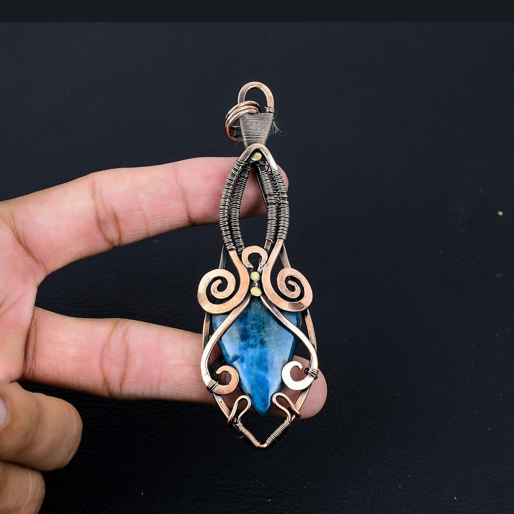 Неоново-синий апатит, драгоценный камень, чистая медная проволока, обернутая подвеской ручной работы, ювелирное изделие для подарка