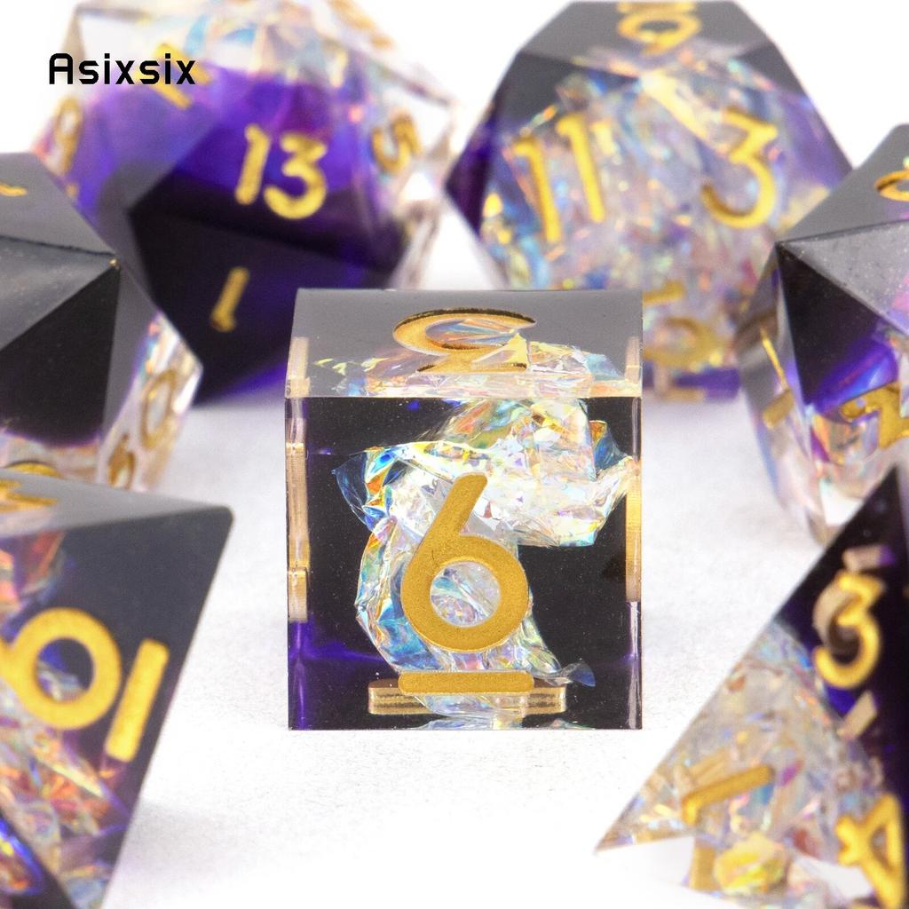 7 шт., фиолетовые, белые, золотые кубики с острыми краями, многогранные кубики из смолы, подходящие для ролевых ролевых игр, настольная игра