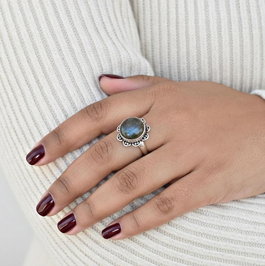 Blue Flash Labradorite Flower Ring, 925 Sterling Silver, Boho Statement Jewelry for Women