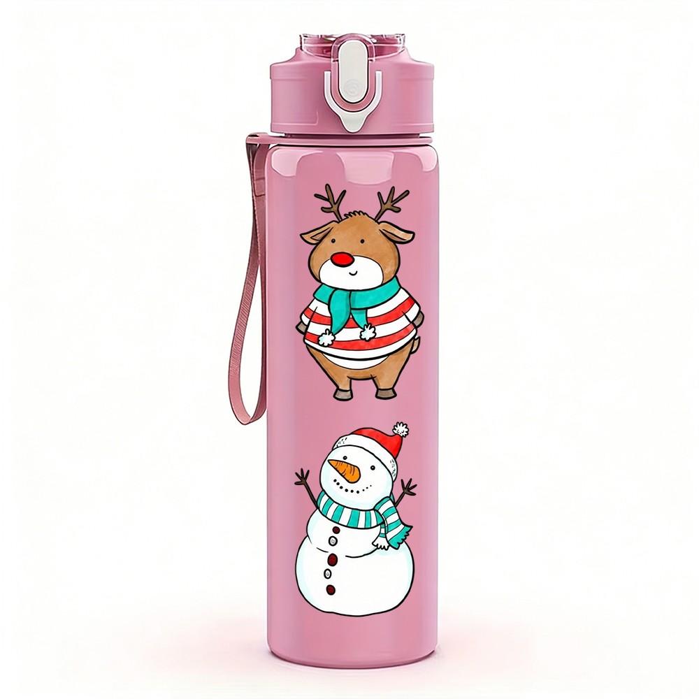 1PC Gingerbread Man Xmas Print 750ml Color Plastic Sports Water Bottle Leakproof Flip Straw Lid Suitable for Sports Office Home Use