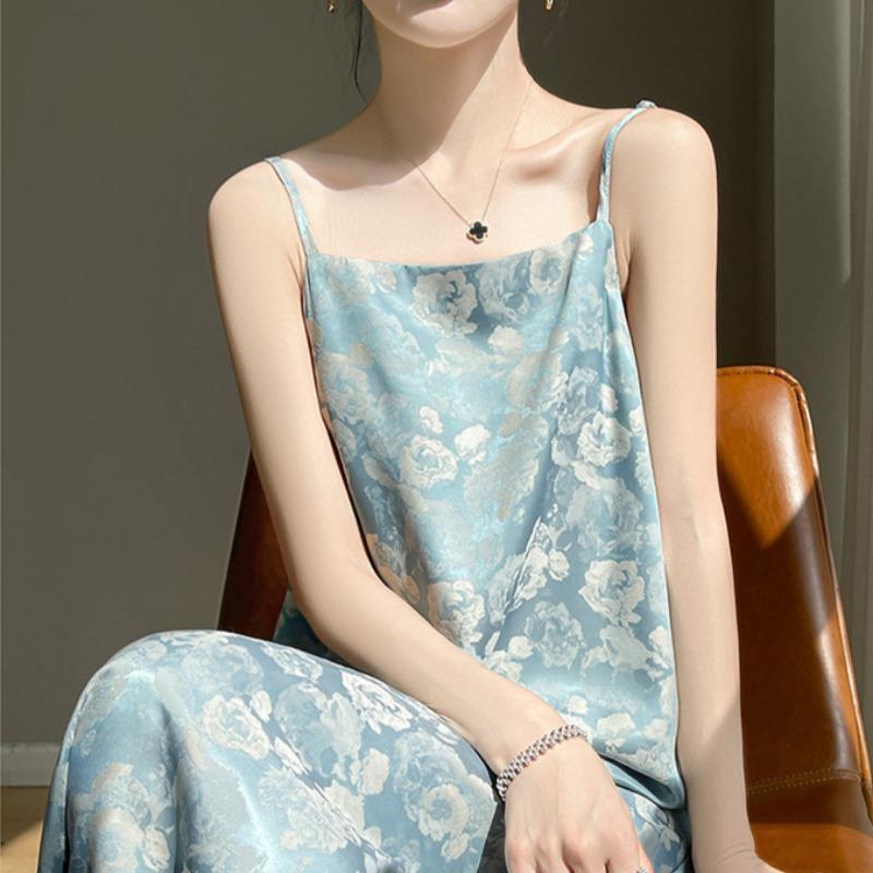 Весна Новое Женское Платье из Ацетатного Сатина с Жакардовым Узором на Воротнике и Бретелях, Без Рукавов, Длинное