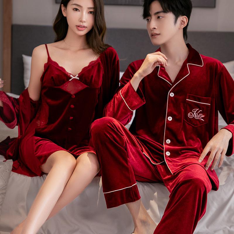 Black golden velvet sexy sex temptation couple pajamas women's 1011 new autumn and winter suspender nightdress nightgown set