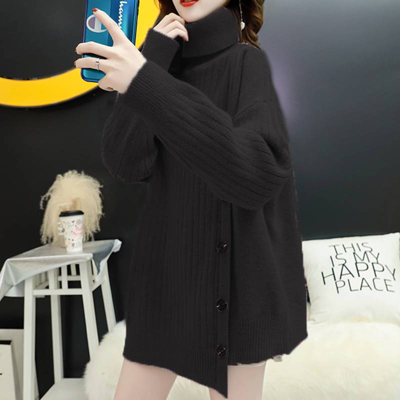 Однотонный свитер, женский свободный верх, комплект ленивого ветра, высокий воротник, корейская версия утолщенных вязаных топов