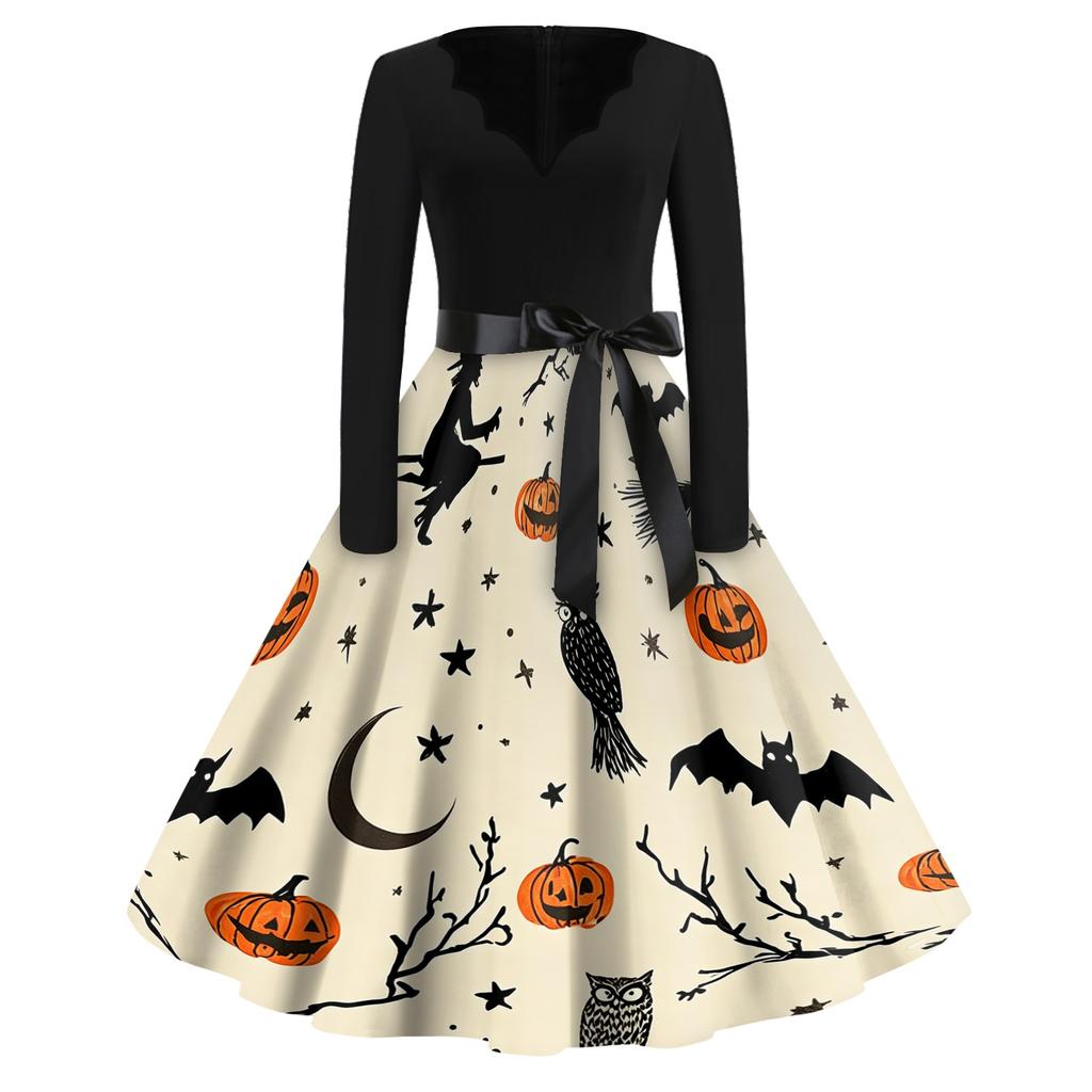 Women Casual Halloween Print V Neck Vintage Dress Long Sleeve Retro Style A Line Skater Dress with Waist Tie for Seasonal Events