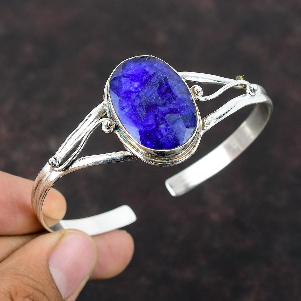 Браслет с граненым синим сапфиром, ювелирные изделия из драгоценных камней, регулируемый браслет-манжета, браслет из стерлингового серебра 925 пробы, уникальный браслет-манжета ручной работы, подарок для мамы