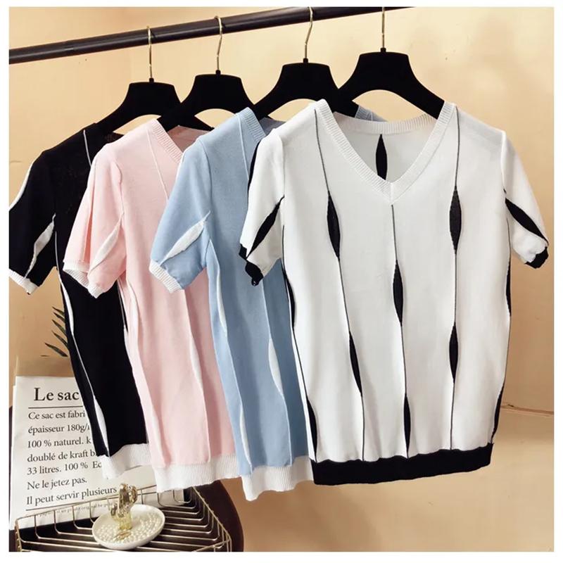Ice Silk Short-sleeved T-shirt Women's Loose and Thin Summer Top Large Size Thin Bottoming Knitted Sweater