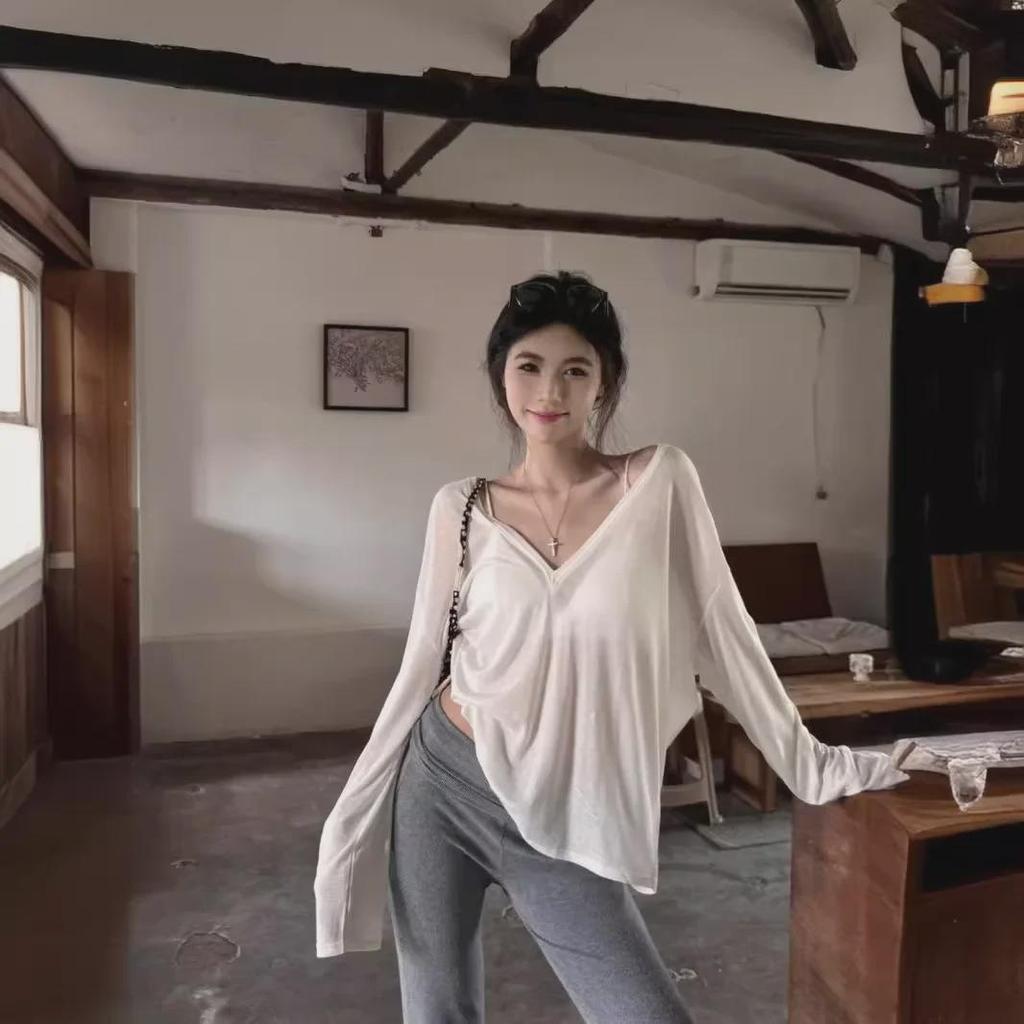 Women's Sheer White V-Neck Long-Sleeve Summer Blouse - Loose Fit, Sun Protection, Casual Top