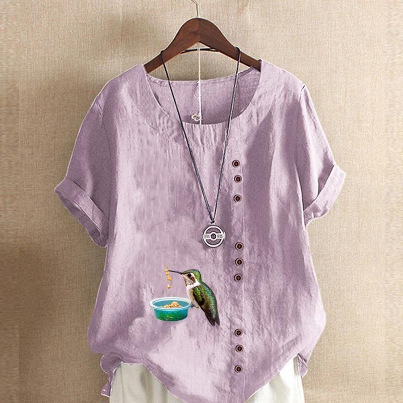 Women's New Fashion Linen Shirt Round Neck Short Sleeve Bird Printed T-shirt Summer Ladies Casual Plus Size Blouse Tops