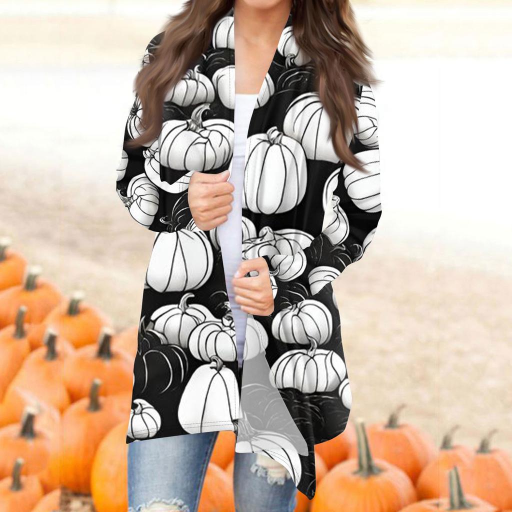Женская модная повседневная куртка-кардиган средней длины с длинным рукавом и принтом на Хэллоуин