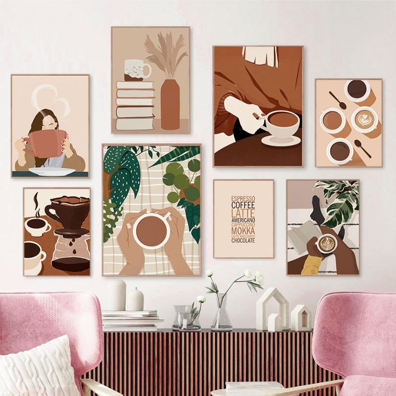 Модная девушка Книга Кофейная чашка Жизнь Настенное искусство Холст Картина Абстрактные постеры и принты Картина для стены Отеля Кафе Декор для внутренней комнаты