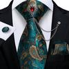Paisley Tie for Men Necktie Silk Hanky Cufflink Set with Tie Ring Chain Brooch for Wedding Party