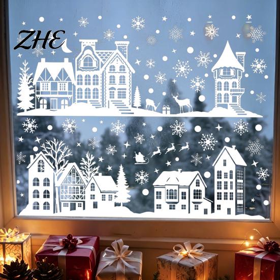 Reusable Glass Clings for Winter 2Pcs Christmas Town Static Sticker, Window Decal with Snowflake PVC Scene Decorations Pattern, Decorative Holiday