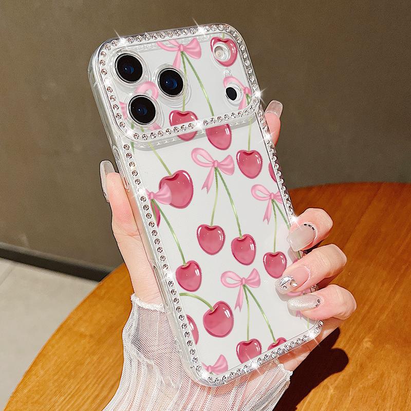 Роскошный чехол с узором из вишни и бриллиантами для iPhone 17 Pro Max Мягкий силиконовый чехол из ТПУ для iPhone 16 15 14 13 Pro Max
