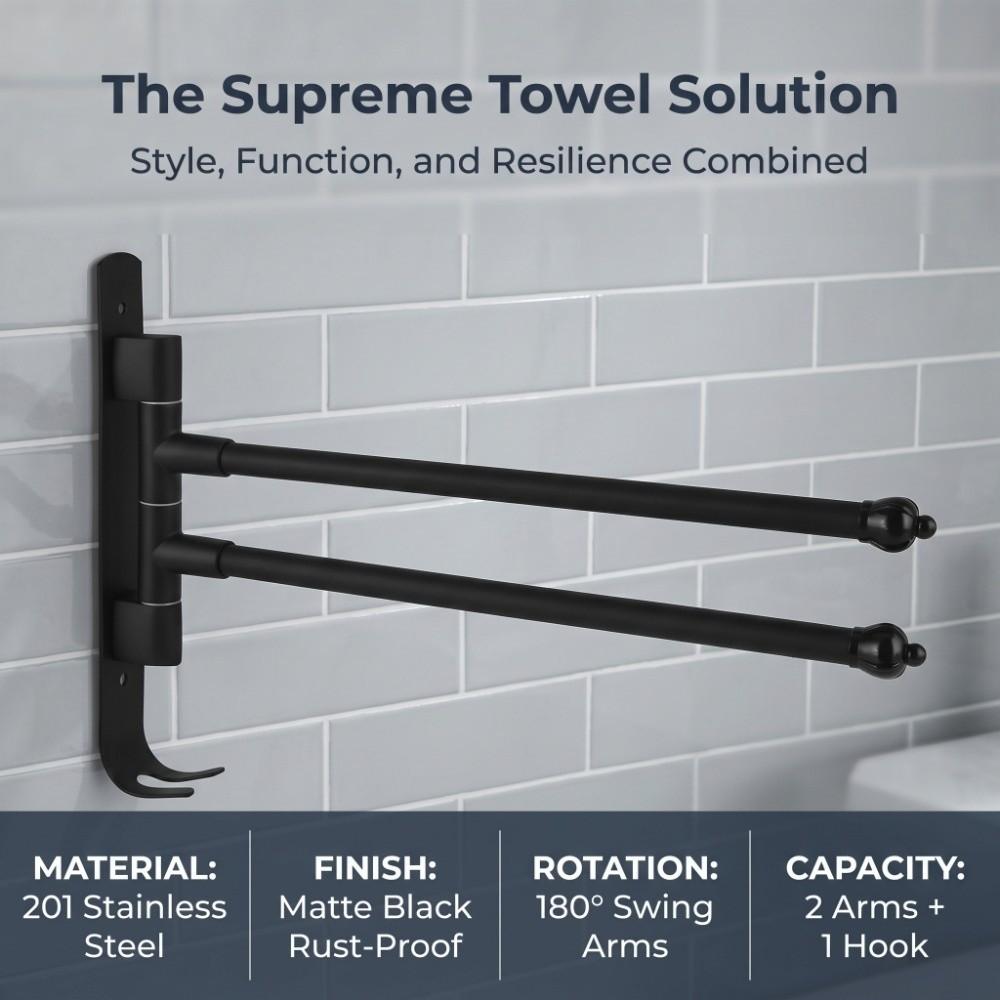 Black Swivel Towel Hanger Stainless Steel and Zinc Alloy Rotating Towel Bar Space Saving