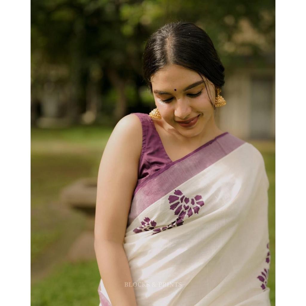 Льняное сари с серебряной каймой джари