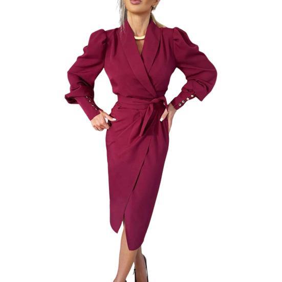 Women Formal Dress Business Style Turn-down Collar Long Sleeve Pure Color Slim Fit Lace-up Cross