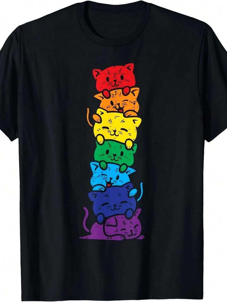 Unisex's Rainbow Cat Stack T-Shirt - Cute LGBT Pride Animal Design