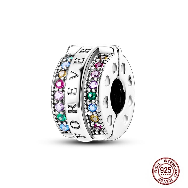 Round 925 Copper Clasp Pave Clip Charms Blue Star Moon Butterfly Slide Safety Chains Spacer Beads Fits Original Bracelet Zircon