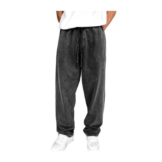 Men Sport Pants Wide Leg Drawstring Elastic Waist Pure Color Sweatpants Full
