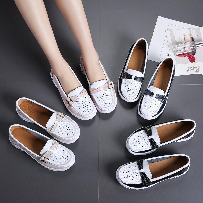 Women Casual Walking Hollow Slip On Flat Shoes Loafers for Women Loafer Shoes Women Genuine Leather Shoes