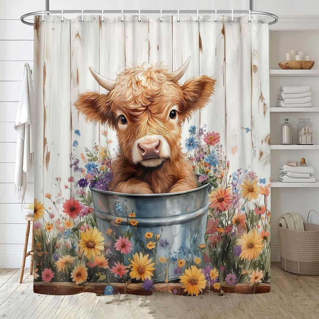 JAWO Занавеска для душа с коровой, Фермерская деревенская цветочная забавная занавеска для душа с высокогорной коровой для ванной комнаты, Западная милая занавеска для ванной с теленком и деревенским фермерским животным