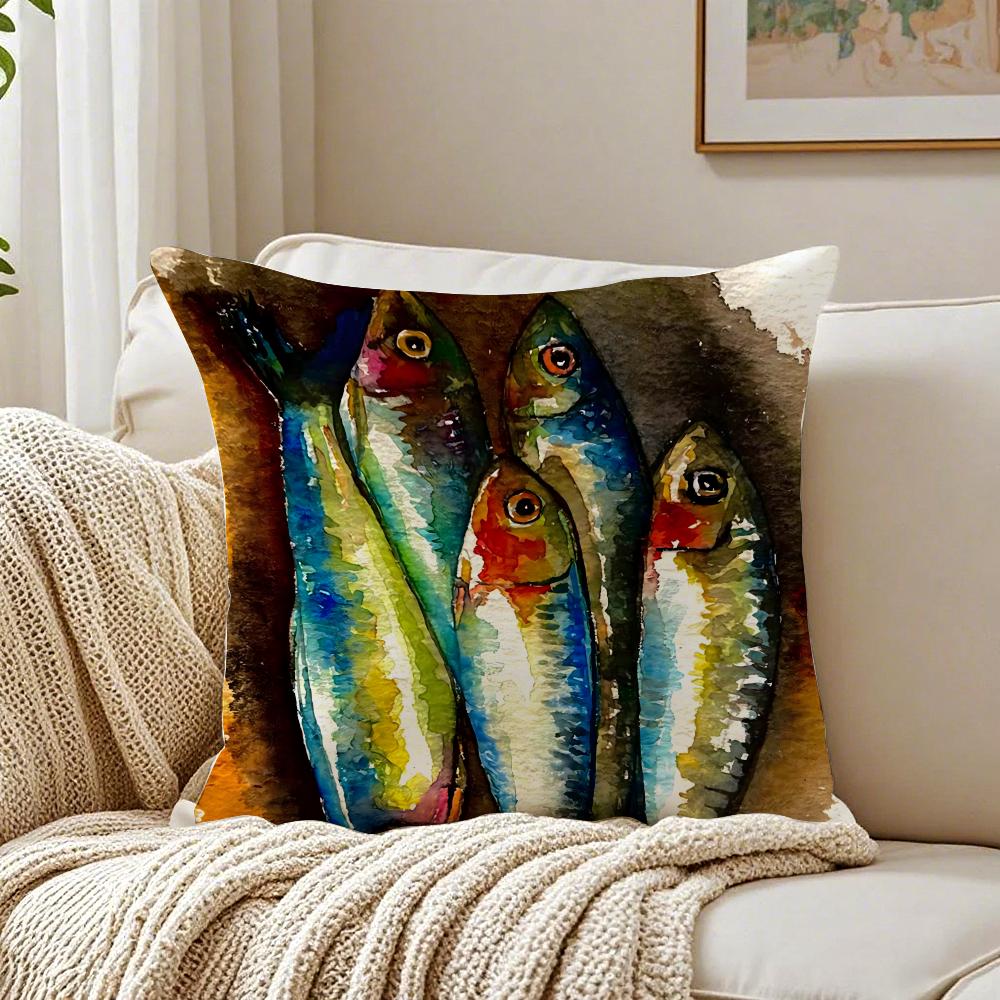 Colorful Sardine Lobster Pattern Art Cushion Cover Linen Pillowcase Soft for Sofa Bed Home Room Decor
