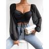 Sexy Mesh Lantern Sleeves Drawstring Wrap Chest Bare Midriff T Shirt Women Long Sleeves Bottoming