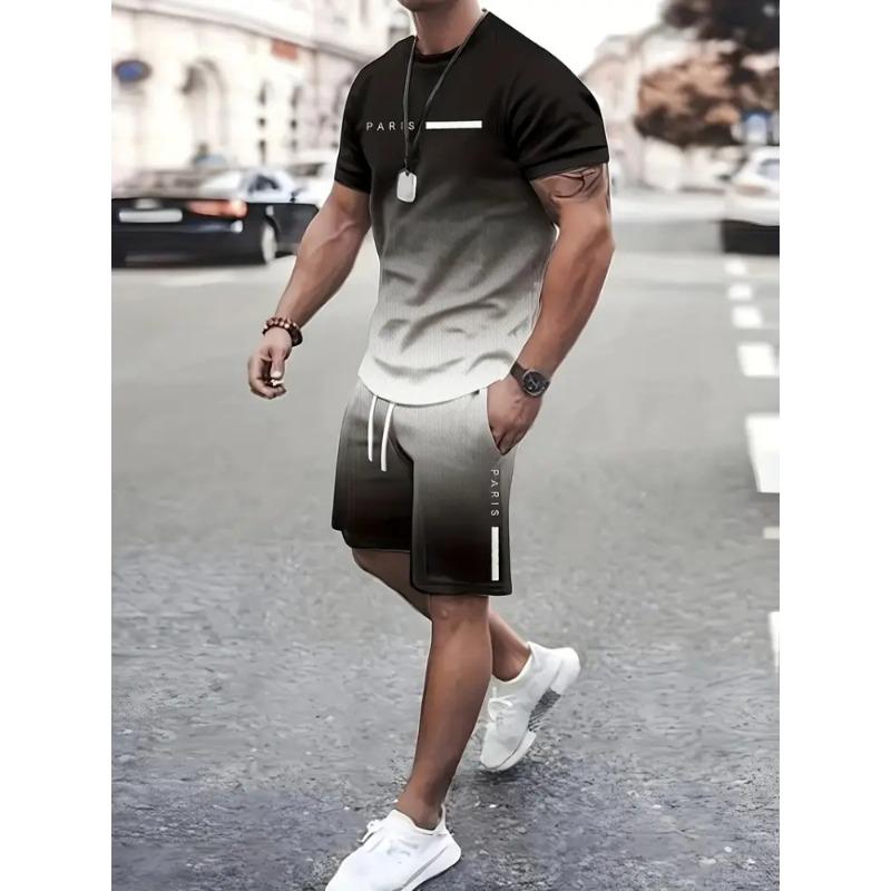 2025 Urban Street Trend Men's Suit Summer Casual Short Sleeve Shorts 2 Pieces Unique Geometric Print Outdoor Casual